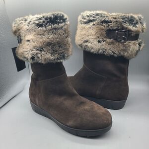 New AQUATALIA Size US 9 WALDA Brown Suede Faux Fur Boots Pull-on Lined Midcalf